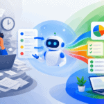 Robot y trabajador en oficina con gráficos y datos de productividad.