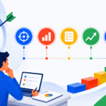 Hombre planificando objetivos SMART con gráficos y flechas de crecimiento.
