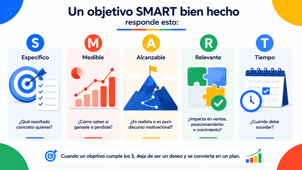 Infografía de objetivos SMART: Específico, Medible, Alcanzable, Relevante, Tiempo.