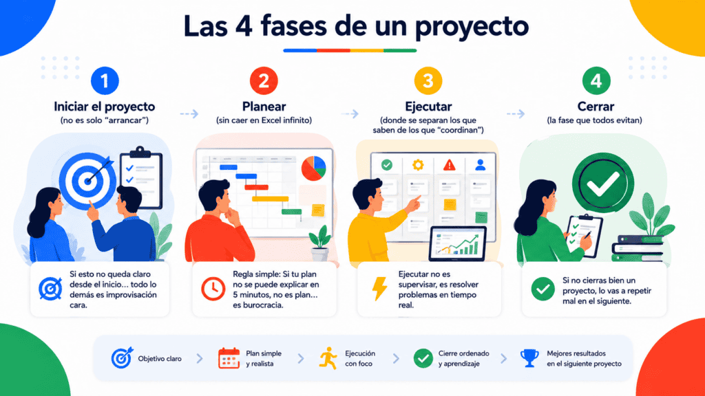 Ilustración de las 4 fases de un proyecto con personajes y gráficos.