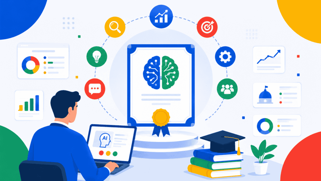 Certificado de IA con cerebro digital y elementos tecnológicos.