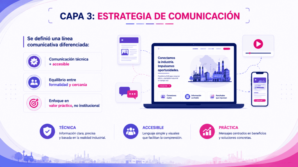 Diagrama de estrategia de comunicación para industria y tecnología.