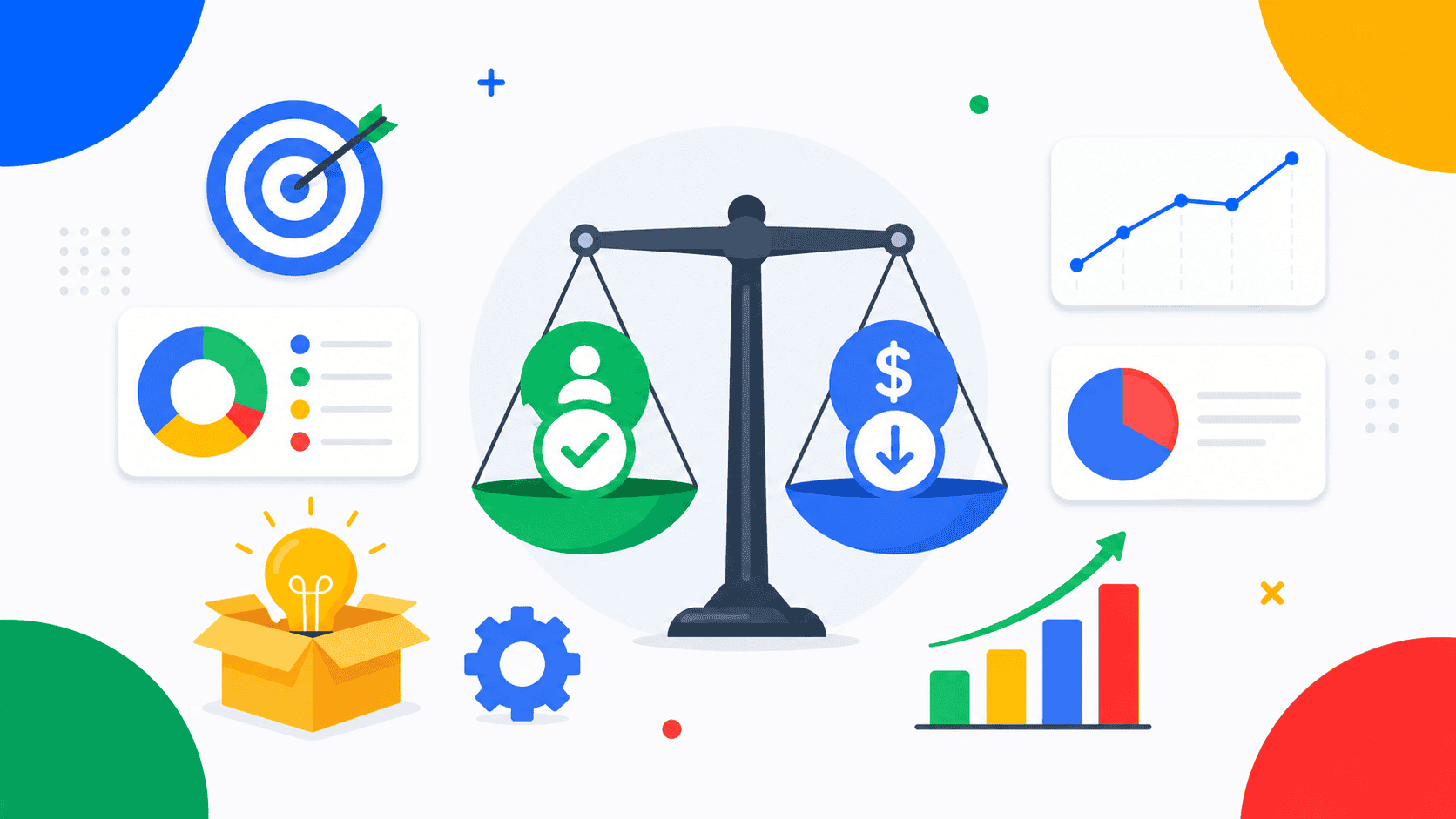 Imagen de balanza con iconos de análisis y crecimiento financiero.