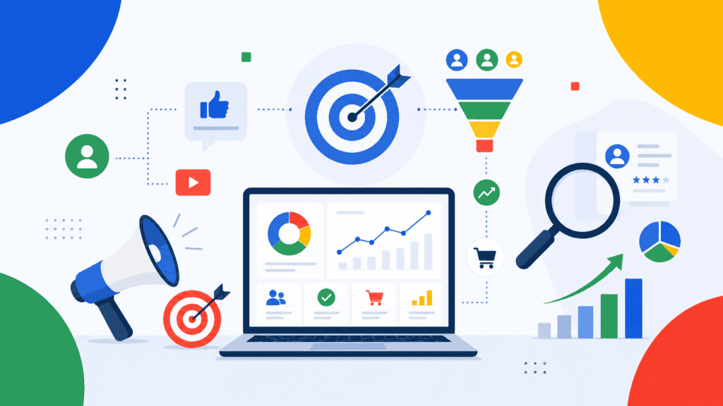 Herramientas de marketing digital, análisis y estrategia en una imagen.