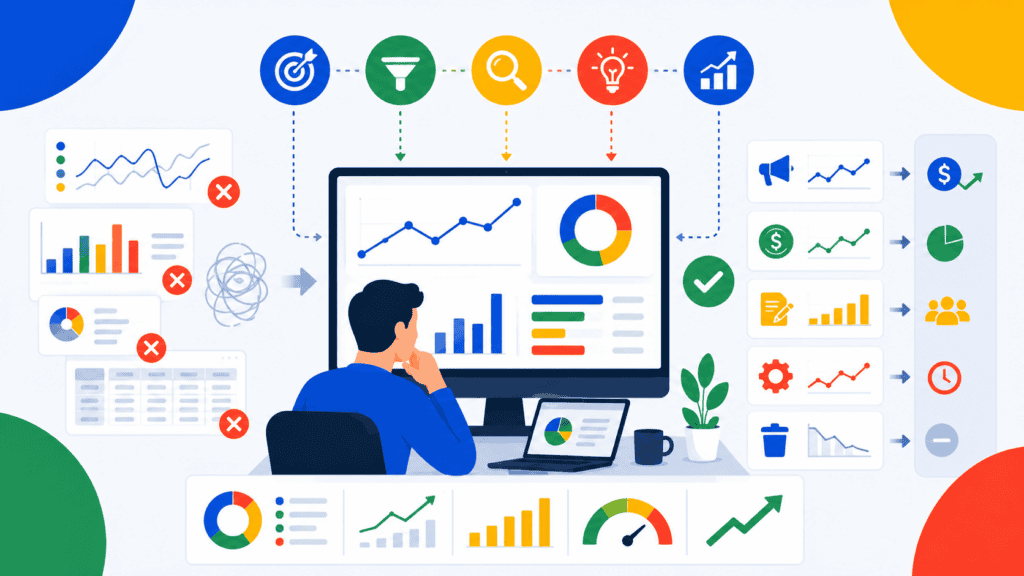Hombre analizando métricas y datos en pantalla de ordenador para marketing digital.