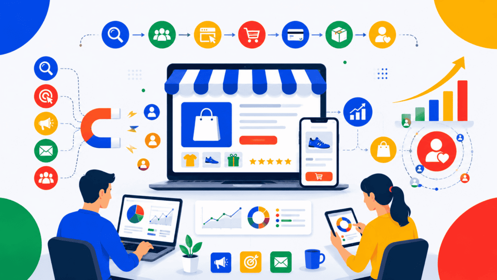 Imagen de comercio electrónico y marketing digital con dispositivos y gráficos.