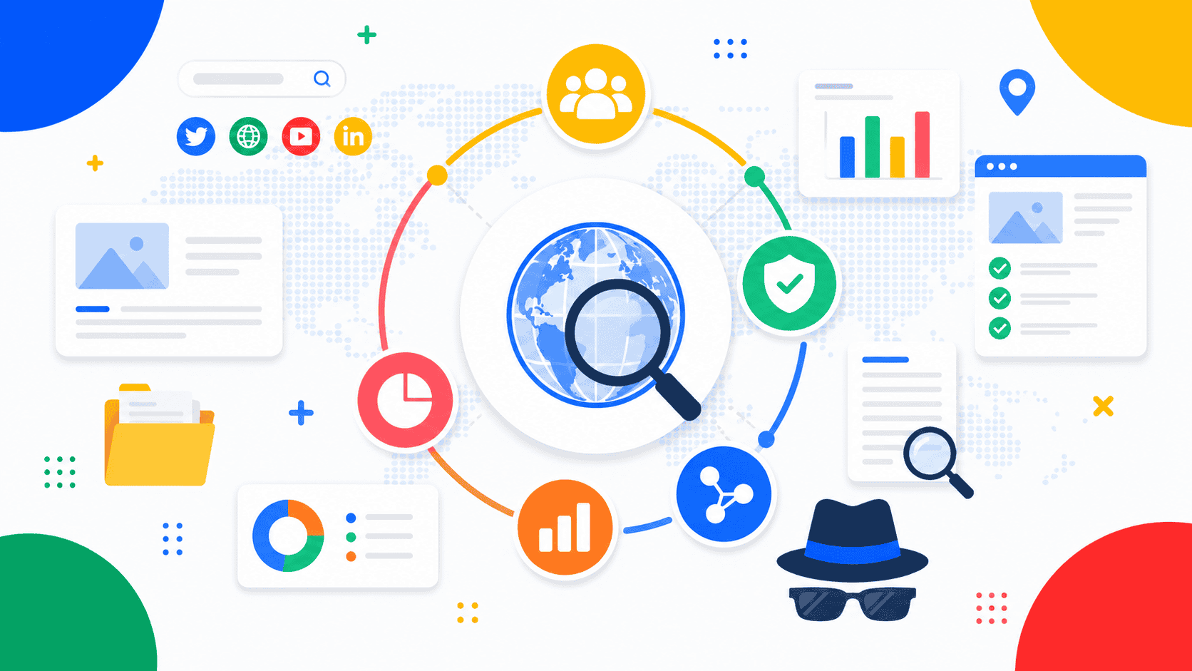 Ilustración de análisis OSINT con iconos de búsqueda y datos globales.