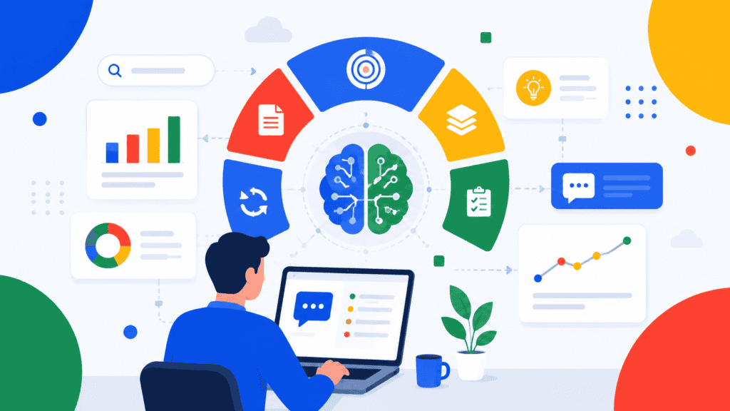 Ilustración de un experto en IA trabajando con gráficos y diagramas de prompting.