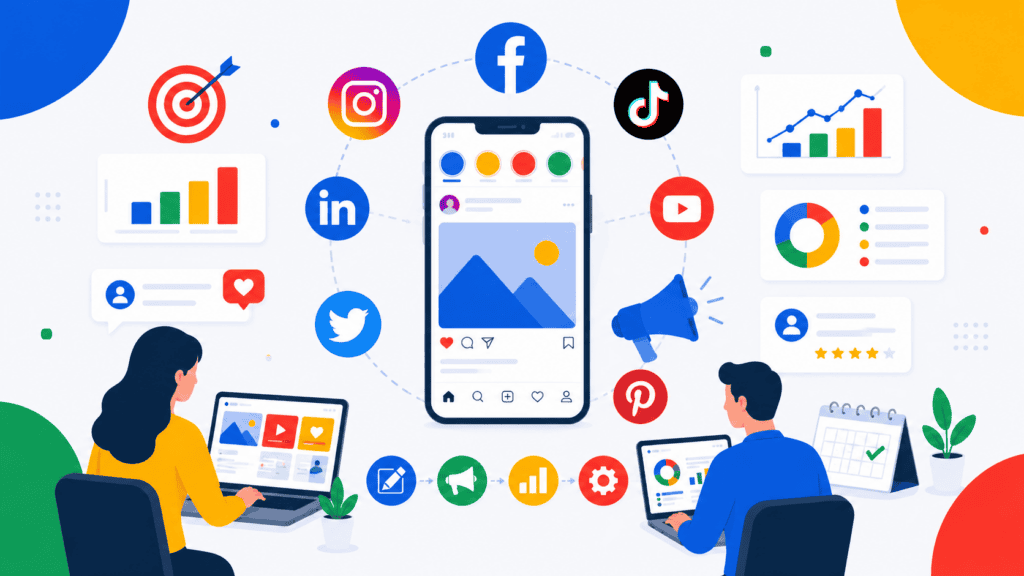 Imagen de marketing en redes sociales con gráficos y dispositivos digitales.