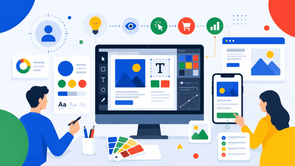 Ilustración de diseño digital con computadora y dispositivos móviles.