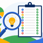 Ilustración vectorial de una lista de verificación con diez criterios para evaluar oportunidades de negocio, acompañada de una lupa, gráficos de crecimiento y un objetivo, representando el análisis estratégico de mercados y la toma de decisiones empresariales.